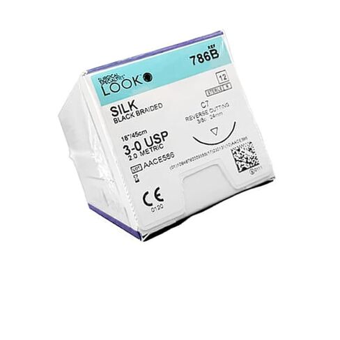 Look 786B خيوط حريرية سوداء مضفرة غير قابلة للامتصاص عكسية C7 3/8 دائرة 3-0 18 12/Bx in Kuwait