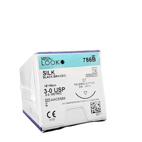 Look 786B خيوط حريرية سوداء مضفرة غير قابلة للامتصاص عكسية C7 3/8 دائرة 3-0 18 12/Bx in Kuwait