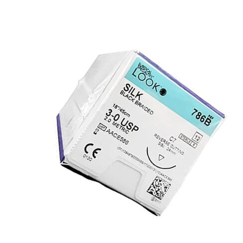 Look 786B خيوط حريرية سوداء مضفرة غير قابلة للامتصاص عكسية C7 3/8 دائرة 3-0 18 12/Bx in Kuwait