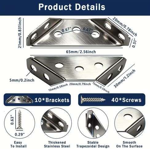 50 Pack Heavy Duty Stainless Steel Corner Brace & L Bracket Kit - 90 Degree Right Angle Joint Support with Screws for Furniture, Shelves, Cabinets, Tables, Chairs, Woodworking Projects in Saudi Arabia
