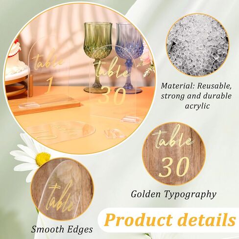 30 Pcs Acrylic Table Numbers 1-30, Gold Printed Table Signs for Wedding Reception Clear Arch Number Sign Centerpiece Decor for Event Party Restaurant 5.7x3.7 Inch in Saudi Arabia