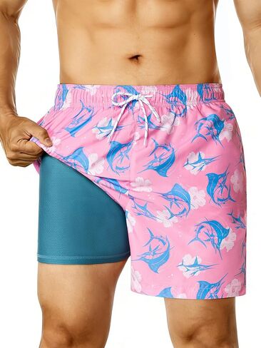 Swim Trunks Mens Bathing Suit 5 inch Inseam Compression Liner Beach Swim Shorts Lightweight Quick Dry Pockets in Saudi Arabia