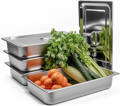 4 عبوات من مقلاة الفندق المصنوعة من الفولاذ المقاوم للصدأ مقاس 1/1 مقاس كامل × 4 بوصات مقلاة طاولة بخار عميقة بسمك 0.8 مم مع غطاء مضاد للمربى، باخرة من الفولاذ المقاوم للصدأ مقاس 20.8 × 12.8 × 4 بوصة لبوفيه مطعم الفندق in Kuwait