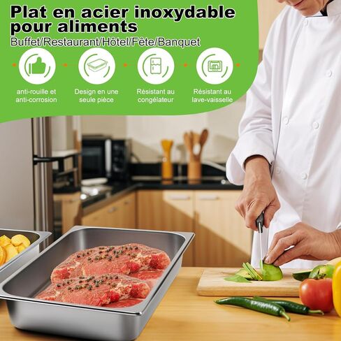 4 عبوات من مقلاة الفندق المصنوعة من الفولاذ المقاوم للصدأ مقاس 1/1 مقاس كامل × 4 بوصات مقلاة طاولة بخار عميقة بسمك 0.8 مم مع غطاء مضاد للمربى، باخرة من الفولاذ المقاوم للصدأ مقاس 20.8 × 12.8 × 4 بوصة لبوفيه مطعم الفندق in Kuwait