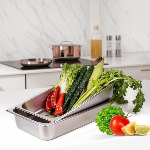 4 عبوات من مقلاة الفندق المصنوعة من الفولاذ المقاوم للصدأ مقاس 1/1 مقاس كامل × 4 بوصات مقلاة طاولة بخار عميقة بسمك 0.8 مم مع غطاء مضاد للمربى، باخرة من الفولاذ المقاوم للصدأ مقاس 20.8 × 12.8 × 4 بوصة لبوفيه مطعم الفندق in Kuwait