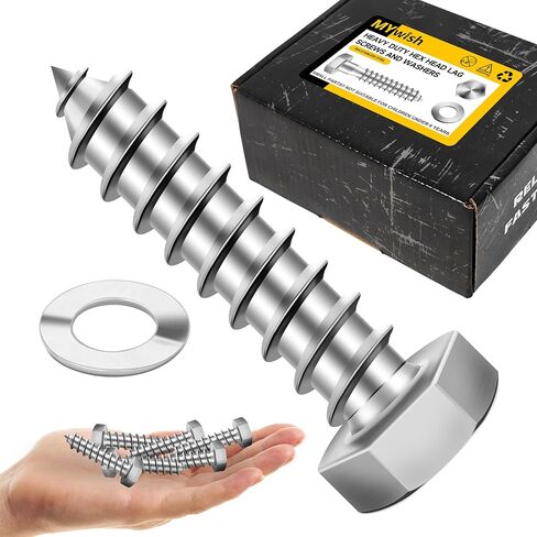 Mywish (50Sets) 3/8" x 1-1/2" Lag Bolts, 304 Stainless Steel 3/8 inch Lag Screws Bolts for Wood, Heavy Duty Hex Head with Flat Washers Bolt Kit, Bright Finish in Saudi Arabia