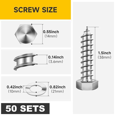 Mywish (50Sets) 3/8" x 1-1/2" Lag Bolts, 304 Stainless Steel 3/8 inch Lag Screws Bolts for Wood, Heavy Duty Hex Head with Flat Washers Bolt Kit, Bright Finish in Saudi Arabia