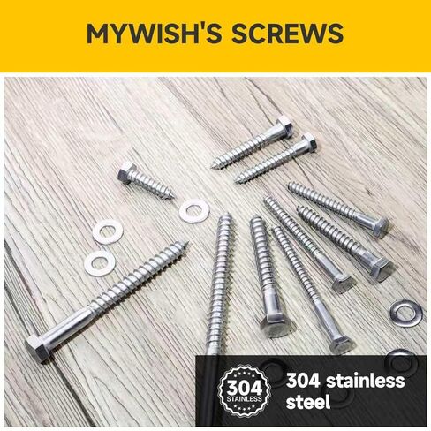 Mywish (50Sets) 3/8" x 1-1/2" Lag Bolts, 304 Stainless Steel 3/8 inch Lag Screws Bolts for Wood, Heavy Duty Hex Head with Flat Washers Bolt Kit, Bright Finish in Saudi Arabia