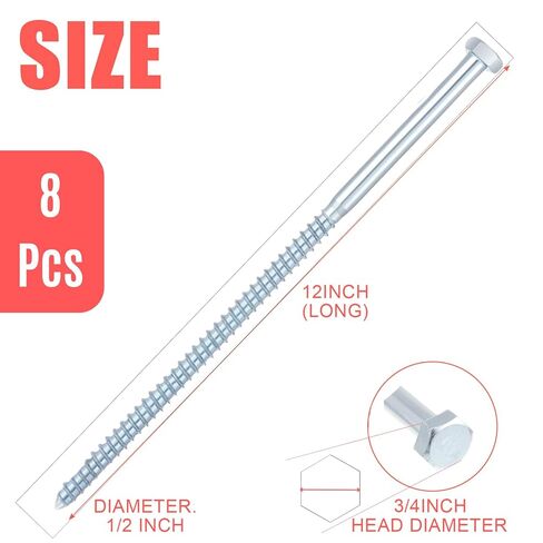 8 Pack 1/2" x 12" Galvanized Hex Head Lag Bolts for Wood, Heavy Duty Structural Lag Screws in Kuwait