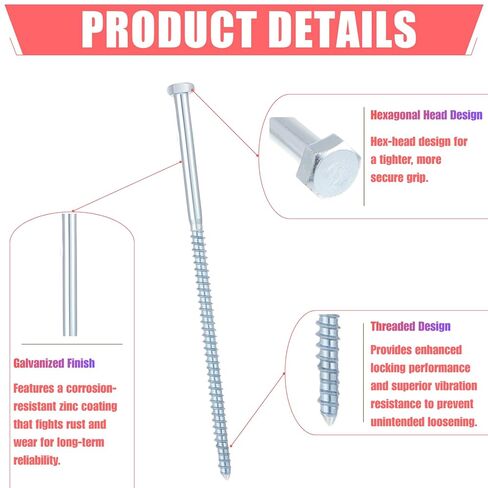 8 Pack 1/2" x 12" Galvanized Hex Head Lag Bolts for Wood, Heavy Duty Structural Lag Screws in Kuwait