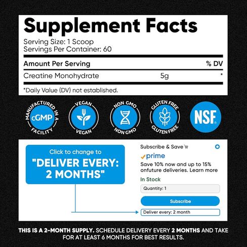 Venture Pal 100% مسحوق الكرياتين أحادي الهيدرات النقي النقي، كرياتين بدون نكهة للنساء والرجال، نباتي، كيتو، خالي من الغلوتين، 5 جم (5000 مجم) لكل وجبة، كرياتينا مونوهيدراتادا أون بولفو in Kuwait