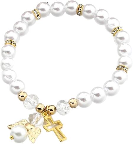 dreuyet الصليب الملاك سوار قلادة سوار للنساء العصرية مقلد حبات اللؤلؤ أساور اليدوية تمتد الصليب الأساور الأولى بالتواصل المعمودية أو هدية التعميد in Kuwait