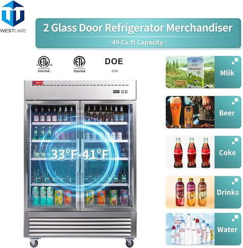 WESTLAKE 54" W Commercial Display Refrigerator 2 Glass Door Merchandiser 2 Section Stainless Steel Reach-in Glass Door Upright Fan Cooling 49 Cu.ft Cooler for Restaurant, Bar, Shop, etc in Saudi Arabia