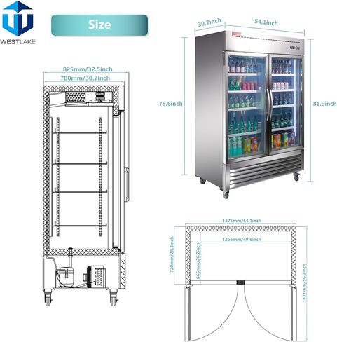 WESTLAKE 54" W Commercial Display Refrigerator 2 Glass Door Merchandiser 2 Section Stainless Steel Reach-in Glass Door Upright Fan Cooling 49 Cu.ft Cooler for Restaurant, Bar, Shop, etc in Saudi Arabia