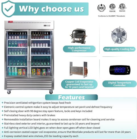 WESTLAKE 54" W Commercial Display Refrigerator 2 Glass Door Merchandiser 2 Section Stainless Steel Reach-in Glass Door Upright Fan Cooling 49 Cu.ft Cooler for Restaurant, Bar, Shop, etc in Saudi Arabia