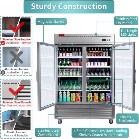WESTLAKE 54" W Commercial Display Refrigerator 2 Glass Door Merchandiser 2 Section Stainless Steel Reach-in Glass Door Upright Fan Cooling 49 Cu.ft Cooler for Restaurant, Bar, Shop, etc in Saudi Arabia