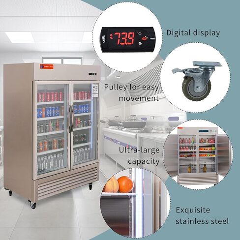WESTLAKE 54" W Commercial Display Refrigerator 2 Glass Door Merchandiser 2 Section Stainless Steel Reach-in Glass Door Upright Fan Cooling 49 Cu.ft Cooler for Restaurant, Bar, Shop, etc in Saudi Arabia