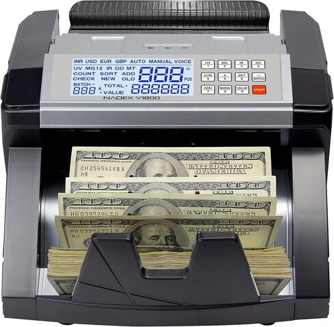 عداد النقود Nadex V1800 - شاشة TFT مزدوجة مرمزة بالألوان - عد سريع ودقيق للفواتير بدرجة احترافية مع اكتشاف التزييف بالأشعة فوق البنفسجية/MG/IR - عدد 1000 ورقة نقدية/الدقيقة in Kuwait