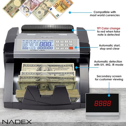 عداد النقود Nadex V1800 - شاشة TFT مزدوجة مرمزة بالألوان - عد سريع ودقيق للفواتير بدرجة احترافية مع اكتشاف التزييف بالأشعة فوق البنفسجية/MG/IR - عدد 1000 ورقة نقدية/الدقيقة in Kuwait