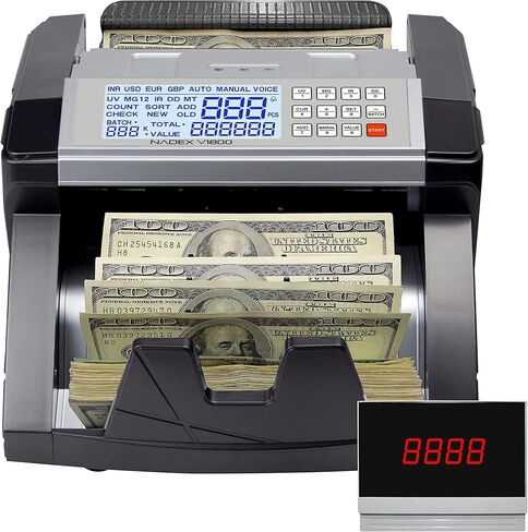 عداد النقود Nadex V1800 - شاشة TFT مزدوجة مرمزة بالألوان - عد سريع ودقيق للفواتير بدرجة احترافية مع اكتشاف التزييف بالأشعة فوق البنفسجية/MG/IR - عدد 1000 ورقة نقدية/الدقيقة in Kuwait