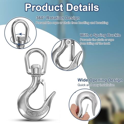 uxcell 5/16" Slip Hook, 316 Stainless Steel Swivel Lifting Hook 1433 lbs Capacity Rotatable Chain Clevis Hooks Safety Chain Hooks for Crane, Fishing Boat, Port Transportation in Saudi Arabia