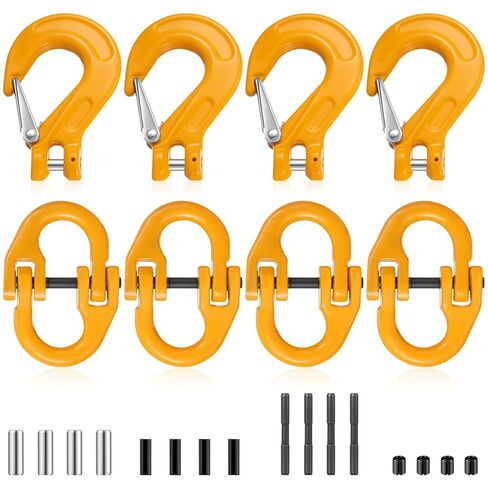 8 Pack 5/16" Clevis Slip Hook and Chain Connector Link Set, G80 Hammerlock Coupling Link and Heavy Duty Chain Hooks, 4400 Lbs Working Load Limit for Lifting Towing Trailers, Yellow in Saudi Arabia
