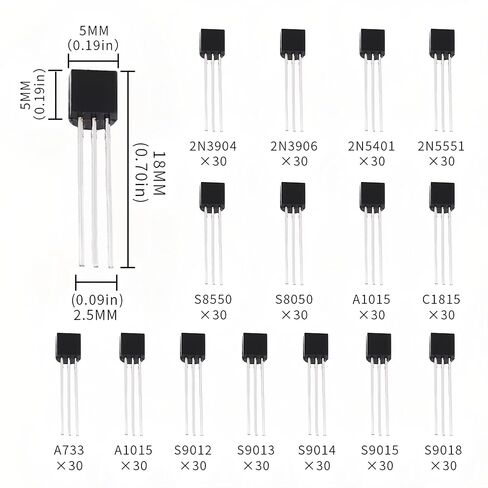 450PCS 15Values 2N3904 2N3906 2N5401 2N5551 S8550 S8050 A1015 C1815 A733 C945 S9012 S9013 S9014 S9015 S9018 TO-92 Power BJT Bipolar Junction Transistor Kits in Kuwait