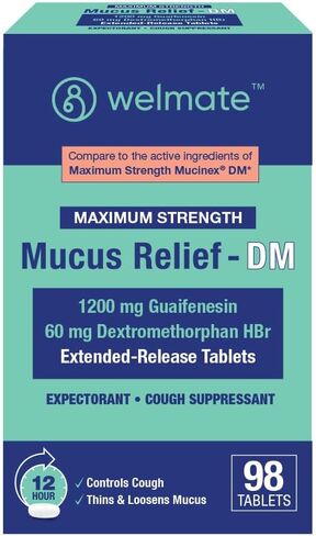 WELMATE - Mucus Relief - Guaifenesin 1200 mg Maximum Strength - Extended-Release Expectorant Tablets - Helps Clear Chest Congestion & Loosen Mucus - 12 Hour Relief - 100 Count in Kuwait
