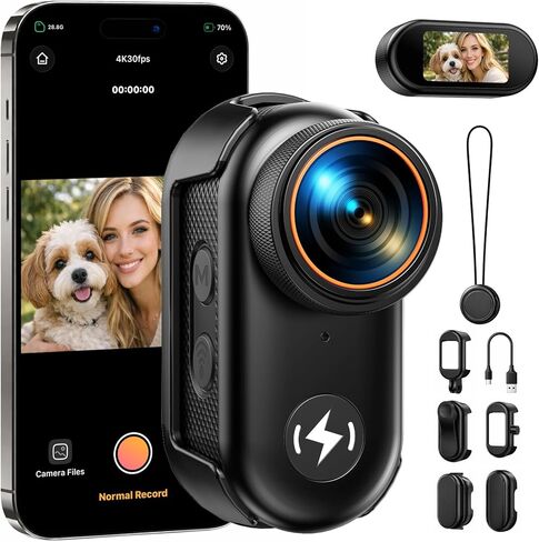 كاميرا 4K POV، كاميرا جسم صغيرة مزودة بواي فاي وبطاقة 64 جيجابايت، كاميرا حركة بالإبهام، شاشة 1.47 بوصة للتبديل بين المناظر الطبيعية/الصورة بنقرة واحدة، كاميرا فيديو بدون استخدام اليدين لمدونات الفيديو/التزلج/السفر/ركوب الدراجات in Kuwait