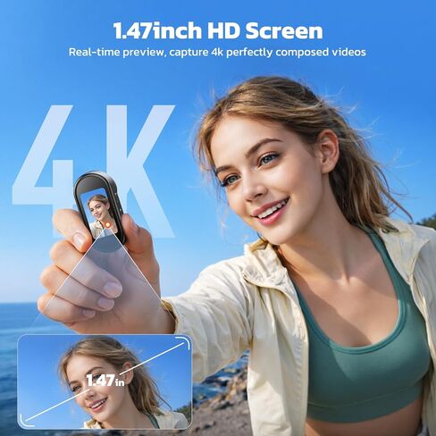 كاميرا 4K POV، كاميرا جسم صغيرة مزودة بواي فاي وبطاقة 64 جيجابايت، كاميرا حركة بالإبهام، شاشة 1.47 بوصة للتبديل بين المناظر الطبيعية/الصورة بنقرة واحدة، كاميرا فيديو بدون استخدام اليدين لمدونات الفيديو/التزلج/السفر/ركوب الدراجات in Kuwait