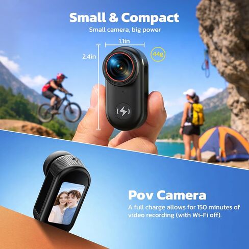 كاميرا 4K POV، كاميرا جسم صغيرة مزودة بواي فاي وبطاقة 64 جيجابايت، كاميرا حركة بالإبهام، شاشة 1.47 بوصة للتبديل بين المناظر الطبيعية/الصورة بنقرة واحدة، كاميرا فيديو بدون استخدام اليدين لمدونات الفيديو/التزلج/السفر/ركوب الدراجات in Kuwait