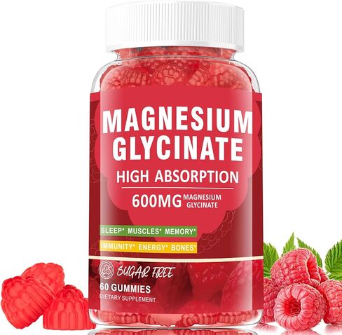 Magnesium Glycinate Gummies 600mg, Zzz & Relaxation, High Absorption, Raspberry Flavor, 60 Count, Supports Muscles, Bones & Energy, Vegan, Sugar Free in Saudi Arabia