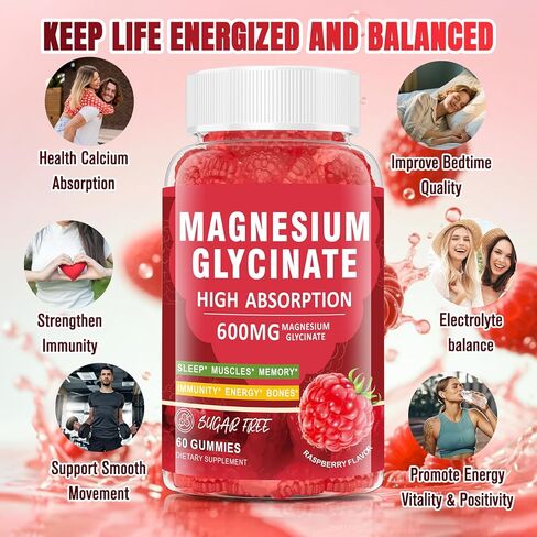 Magnesium Glycinate Gummies 600mg, Zzz & Relaxation, High Absorption, Raspberry Flavor, 60 Count, Supports Muscles, Bones & Energy, Vegan, Sugar Free in Saudi Arabia