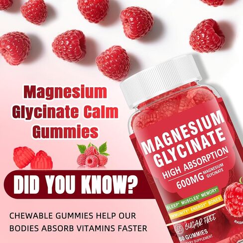 Magnesium Glycinate Gummies 600mg, Zzz & Relaxation, High Absorption, Raspberry Flavor, 60 Count, Supports Muscles, Bones & Energy, Vegan, Sugar Free in Saudi Arabia
