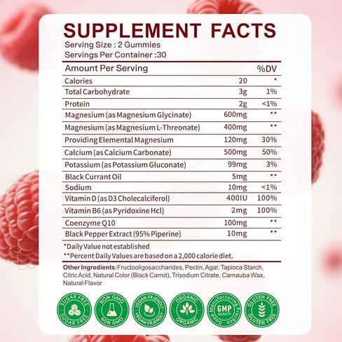 Magnesium Glycinate Gummies 600mg, Zzz & Relaxation, High Absorption, Raspberry Flavor, 60 Count, Supports Muscles, Bones & Energy, Vegan, Sugar Free in Saudi Arabia