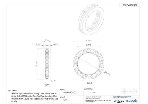 SKF 51109 Single Direction Thrust Bearing, 3 Piece, Grooved Race, 90° Contact Angle, ABEC 1 Precision, Open, Steel Cage, 45mm Bore, 65mm OD, 14mm Width, 12800lbf Static Load Capacity, 5440lbf Dynamic Load Capacity in Saudi Arabia