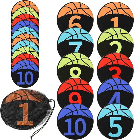 Basketball Spot Marker with Numbers, 10 Pack 9" Colorful Anti-Slip Rubber Sports Training Markers Round Flat Floor Markers with Carry Bag for Indoor/Outdoor Teaching & Training in Saudi Arabia
