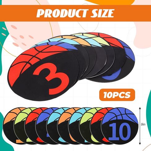Basketball Spot Marker with Numbers, 10 Pack 9" Colorful Anti-Slip Rubber Sports Training Markers Round Flat Floor Markers with Carry Bag for Indoor/Outdoor Teaching & Training in Saudi Arabia