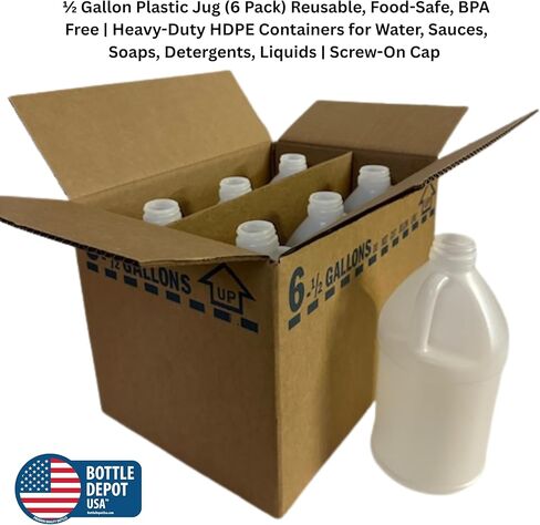إبريق بلاستيكي دائري فارغ سعة 1/2 جالون (6 عبوات) قابل لإعادة الاستخدام، آمن للطعام، خالي من مادة BPA | الثقيلة HDPE | مع أغطية لولبية بيضاء واضحة للعبث | صندوق إعادة الشحن 6 × 1 in Kuwait