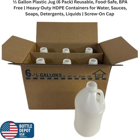 إبريق بلاستيكي دائري فارغ سعة 1/2 جالون (6 عبوات) قابل لإعادة الاستخدام، آمن للطعام، خالي من مادة BPA | الثقيلة HDPE | مع أغطية لولبية بيضاء واضحة للعبث | صندوق إعادة الشحن 6 × 1 in Kuwait
