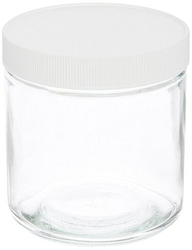 JG Finneran 9-183 Clear Borosilicate Glass Standard Short Straight Sided Wide Mouth Jar with White Polypropylene Closure and 0.015" PTFE Lined, 89-400mm Cap Size, 500mL Capacity (Pack of 12) in Saudi Arabia