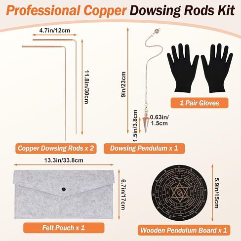 99.9% Copper Dowsing Rods Kit, Anglecai Spiritual Exploration Divination Tools 2PCS Divining Rods+Dowsing Pendulum + Divination Mat + Gloves + Bag for Ghost Hunting, Divining Water, Gold, Treasure in Saudi Arabia