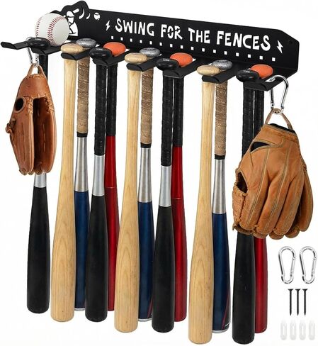 Tebery Baseball Bat Rack Wall Mount, Heavy Duty 8 Hook Bats Storage Holder for 14 Bats, Metal Sports Equipment Display Organizer Shelf for Home Garage Office in Saudi Arabia