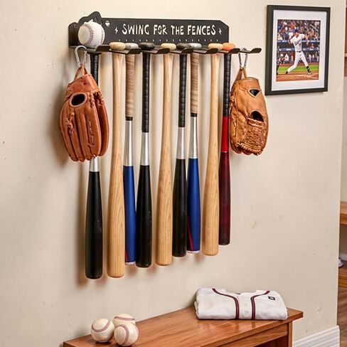 Tebery Baseball Bat Rack Wall Mount, Heavy Duty 8 Hook Bats Storage Holder for 14 Bats, Metal Sports Equipment Display Organizer Shelf for Home Garage Office in Saudi Arabia