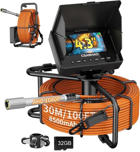 كاميرا الصرف الصحي 100FT/30M كاميرا منظار فحص الأنابيب بوريسكوب مع ضوء 12 مصباح LED 4.3 بوصة شاشة IPS 22 مم سباكة ثعبان بطارية 8500 مللي أمبير في الساعة (30 مترًا بدون وظيفة DVR) in Kuwait