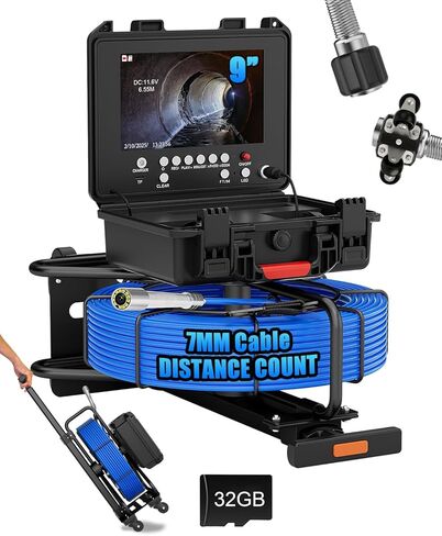كاميرا الصرف الصحي التسوية الذاتية 9 بوصة مع مسبار 512 هرتز وعداد متر، كاميرا فحص الصرف 100 قدم مع كابل 7 مم، 12 مصباح LED، مسبار التسوية الذاتية 23 مم 1080 بيكسل، منظار أنبوب DVR مقاوم للماء 32 جيجابايت للسباكة in Kuwait