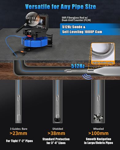 كاميرا الصرف الصحي التسوية الذاتية 9 بوصة مع مسبار 512 هرتز وعداد متر، كاميرا فحص الصرف 100 قدم مع كابل 7 مم، 12 مصباح LED، مسبار التسوية الذاتية 23 مم 1080 بيكسل، منظار أنبوب DVR مقاوم للماء 32 جيجابايت للسباكة in Kuwait