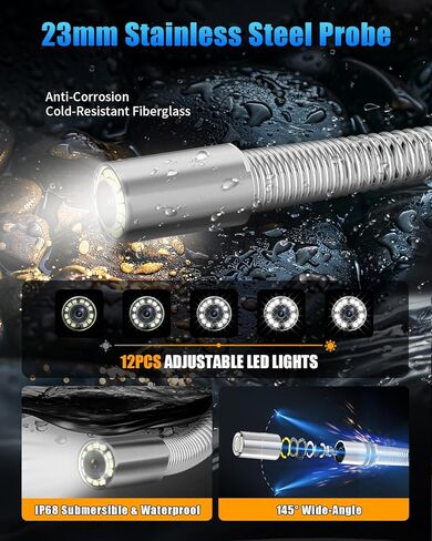 كاميرا الصرف الصحي التسوية الذاتية 9 بوصة مع مسبار 512 هرتز وعداد متر، كاميرا فحص الصرف 100 قدم مع كابل 7 مم، 12 مصباح LED، مسبار التسوية الذاتية 23 مم 1080 بيكسل، منظار أنبوب DVR مقاوم للماء 32 جيجابايت للسباكة in Kuwait