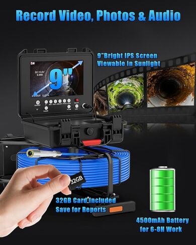 كاميرا الصرف الصحي التسوية الذاتية 9 بوصة مع مسبار 512 هرتز وعداد متر، كاميرا فحص الصرف 100 قدم مع كابل 7 مم، 12 مصباح LED، مسبار التسوية الذاتية 23 مم 1080 بيكسل، منظار أنبوب DVR مقاوم للماء 32 جيجابايت للسباكة in Kuwait