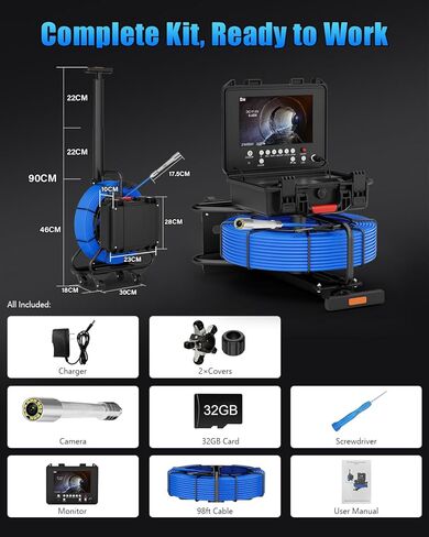 كاميرا الصرف الصحي التسوية الذاتية 9 بوصة مع مسبار 512 هرتز وعداد متر، كاميرا فحص الصرف 100 قدم مع كابل 7 مم، 12 مصباح LED، مسبار التسوية الذاتية 23 مم 1080 بيكسل، منظار أنبوب DVR مقاوم للماء 32 جيجابايت للسباكة in Kuwait
